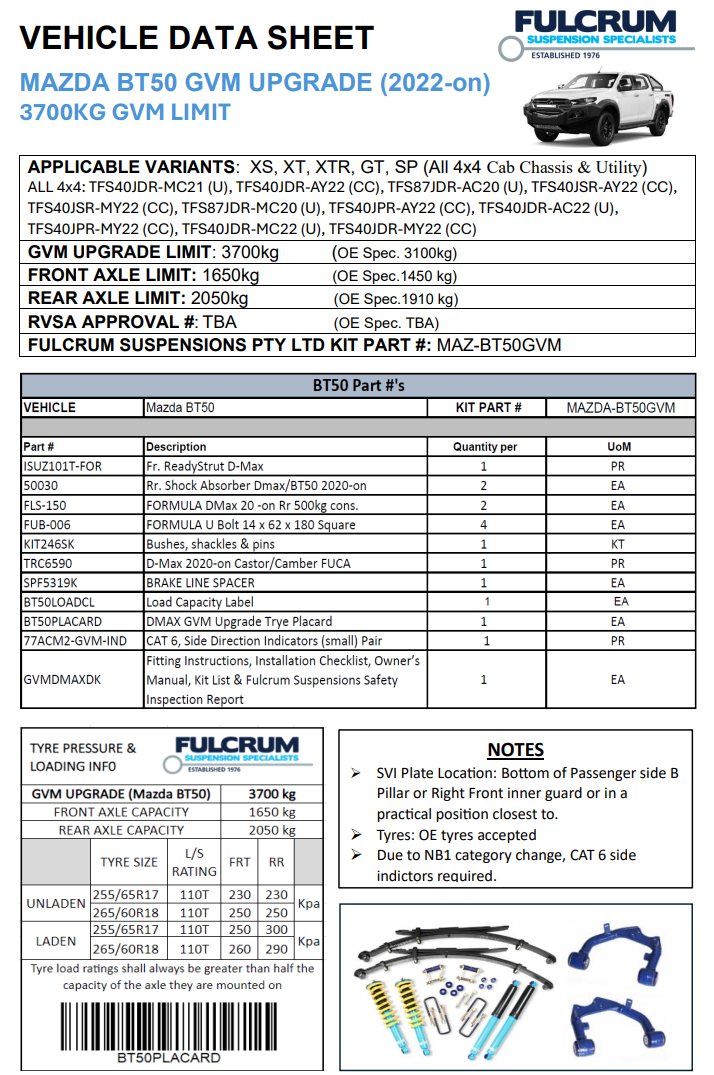 3700kg Formula 4x4 GVM Upgrade Kit Mazda BT-50 TFS, RG04 2020-on