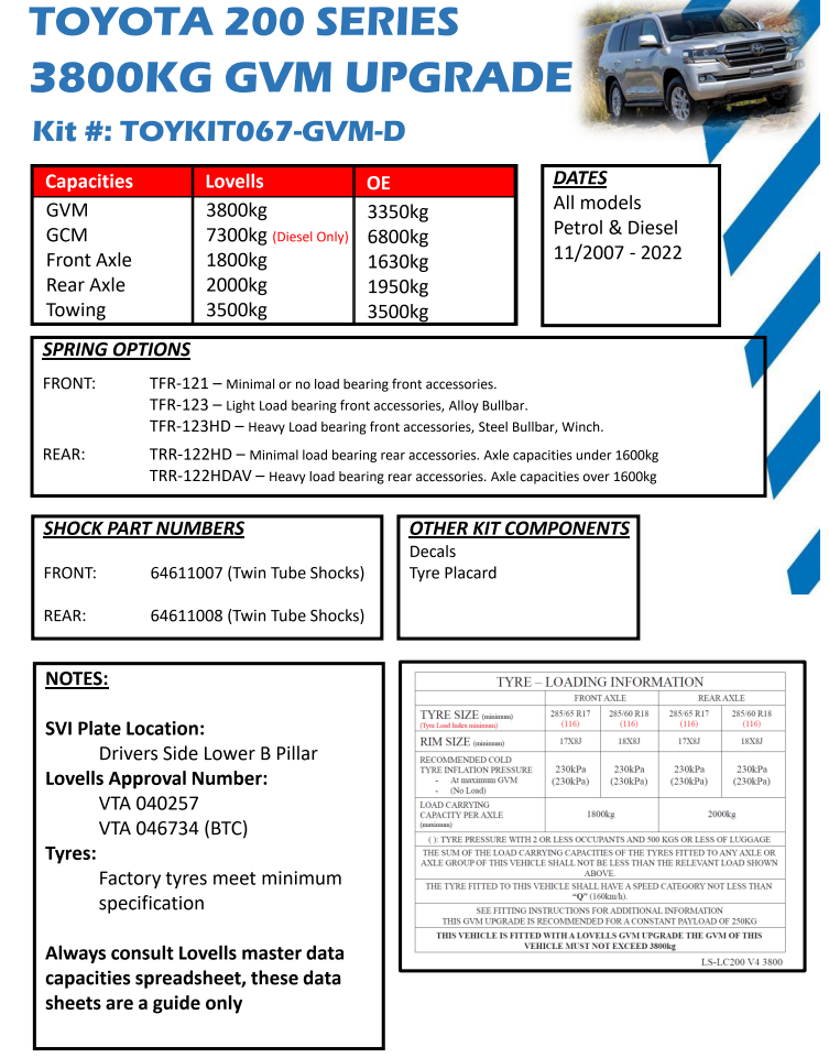 3800kg GVM 7300kg GCM Upgrade Lovells to suit Toyota Land Cruiser 200 Series