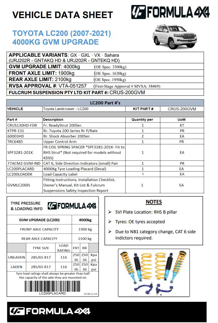 4000kg Formula 4x4 GVM Upgrade to suit Land Cruiser 200 Series