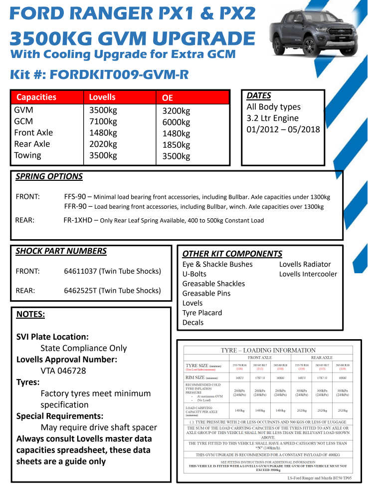 Lovells 3500kg GVM 7100kg GCM Upgrade FORD RANGER PX1/PX2 (3.2)