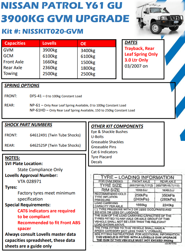 Lovells 3900kg GVM Upgrade Kit to suit Nissan Patrol Y61 Cab Chassis Leaf Spring Rear 2007- on